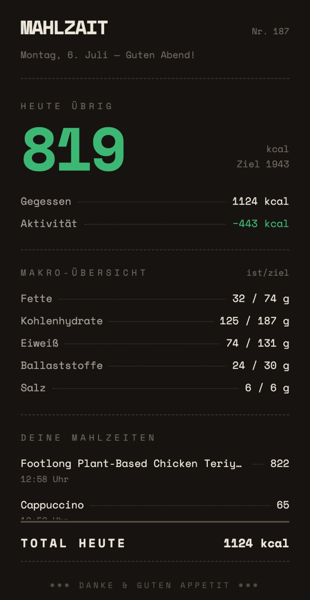 App home screen after redesign, receipt style